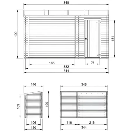 Casetta in Legno Grezzo 344x130 cm con Tetto Bitumato Legnaia Esterna
