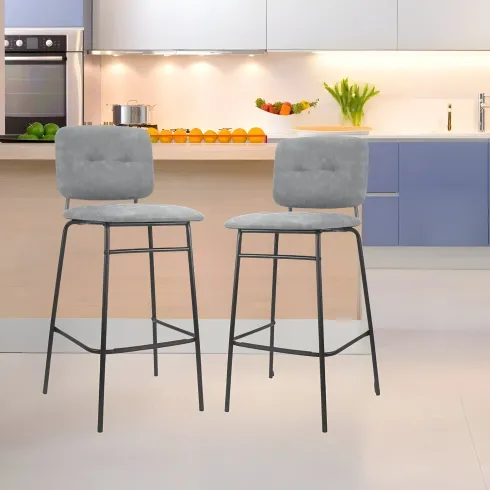Set 2 Sgabelli con Schienale Velluto Grigio Sedie da Bar Gambe Metallo