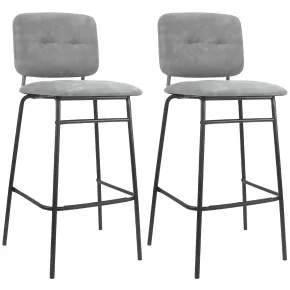 Set 2 Sgabelli con Schienale Velluto Grigio Sedie da Bar Gambe Metallo