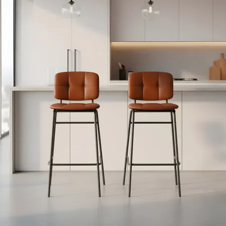 Set 2 Sgabelli da Cucina con Schienale Ecopelle Mattone Gambe Metallo