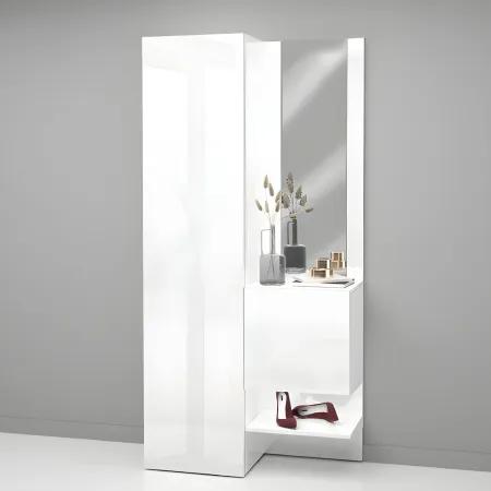 Mobile da Ingresso con Scarpiera con Specchio Bianco Lucido 2 Pezzi
