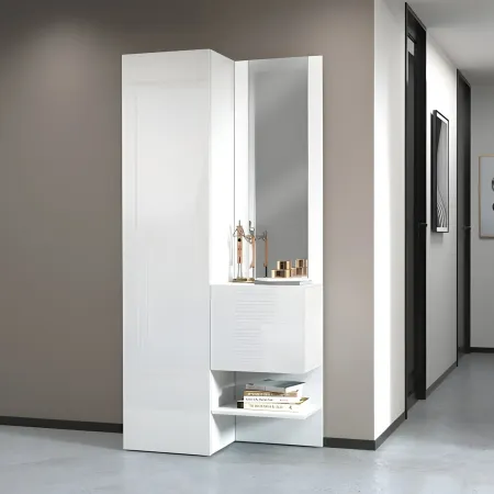 Mobile da Ingresso con Scarpiera con Specchio Bianco Lucido 2 Pezzi