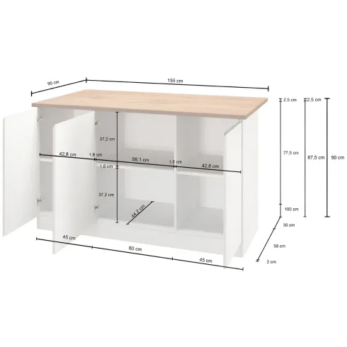 Isola Cucina 3 Ante Bianco Rovere 155x90x90 cm Legno Nobilitato