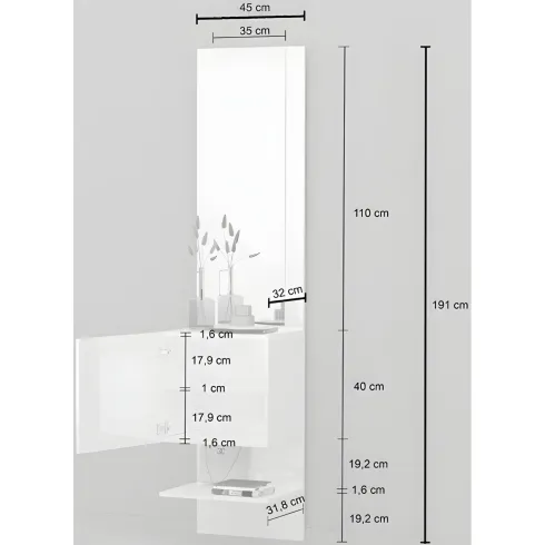 Mobile Ingresso con Specchio e Anta Bianco Laccato Moderno Salvaspazio