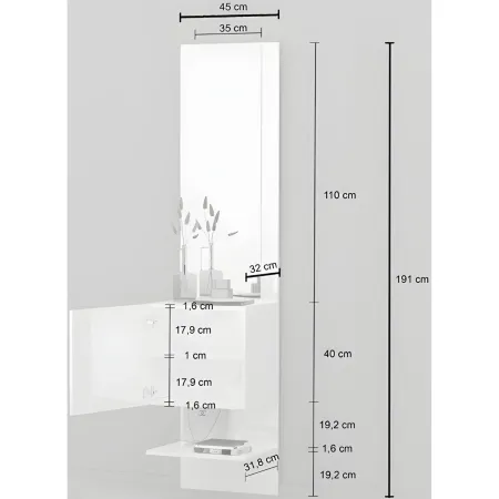 Mobile Ingresso con Specchio e Anta Bianco Laccato Moderno Salvaspazio