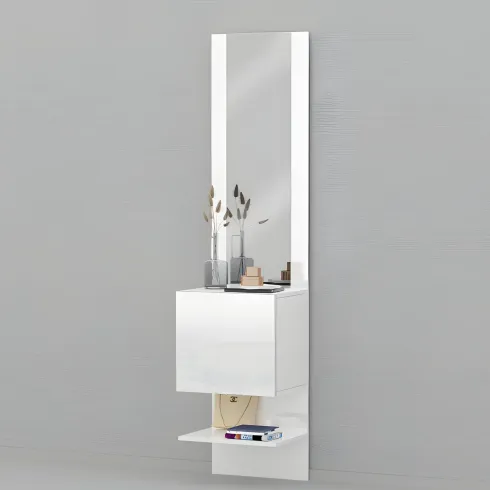 Mobile Ingresso con Specchio e Anta Bianco Laccato Moderno Salvaspazio