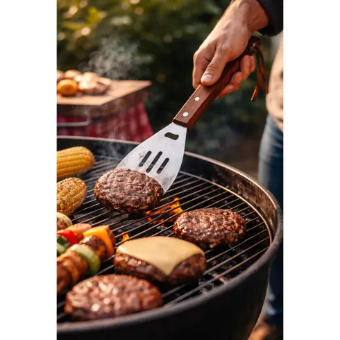 Set Utensili Barbecue 46 cm 3 Pezzi Manico in Legno Rosso per Griglia