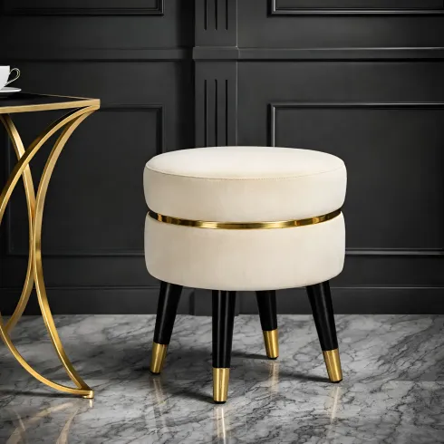 Sgabello Basso in Velluto Crema Finiture Oro Pouf Salotto Camera
