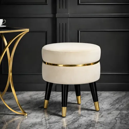 Sgabello Basso in Velluto Crema Finiture Oro Pouf Salotto Camera