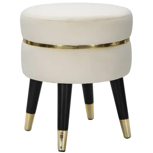 Sgabello Basso in Velluto Crema Finiture Oro Pouf Salotto Camera