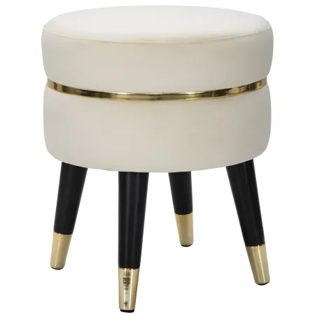 Sgabello Basso in Velluto Crema Finiture Oro Pouf Salotto Camera