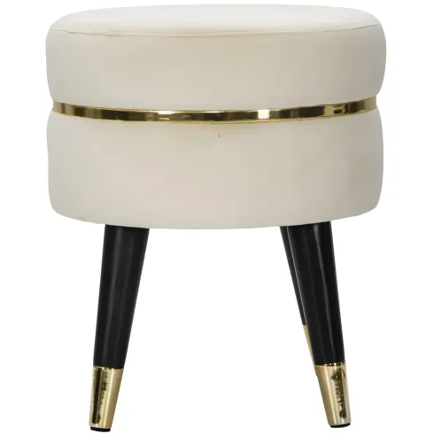 Sgabello Basso in Velluto Crema Finiture Oro Pouf Salotto Camera