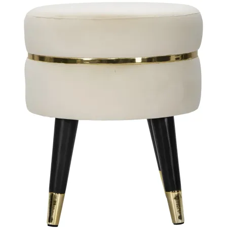 Sgabello Basso in Velluto Crema Finiture Oro Pouf Salotto Camera