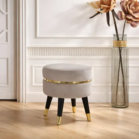 Sgabello Basso Velluto Grigio Chiaro Finiture Oro Pouf Salotto Camera