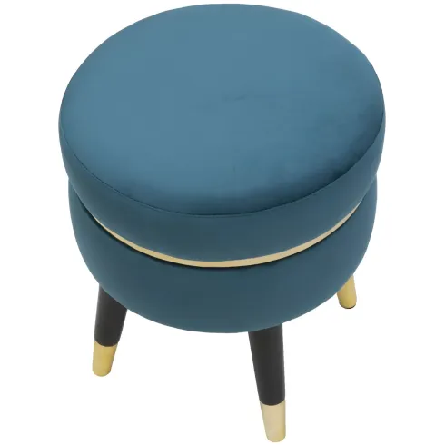 Sgabello Basso in Velluto Ottanio Finiture Oro Pouf Salotto Camera