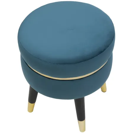 Sgabello Basso in Velluto Ottanio Finiture Oro Pouf Salotto Camera