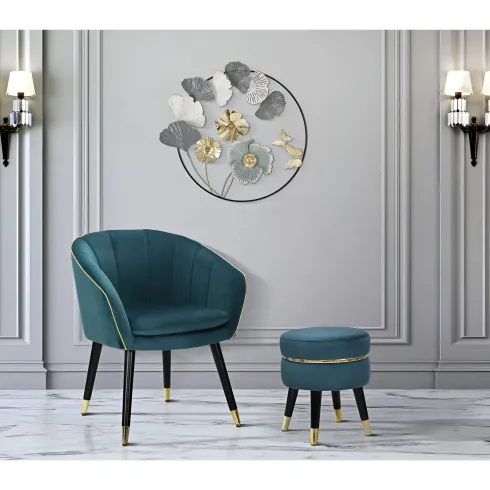 Sgabello Basso in Velluto Ottanio Finiture Oro Pouf Salotto Camera