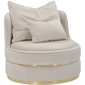 Poltrona Rotonda in Velluto Crema Finiture Oro Salotto Camera da Letto