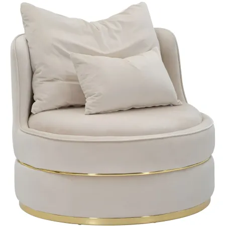 Poltrona Rotonda in Velluto Crema Finiture Oro Salotto Camera da Letto