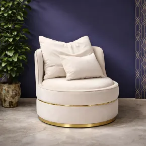Poltrona Rotonda in Velluto Crema Finiture Oro Salotto Camera da Letto 2