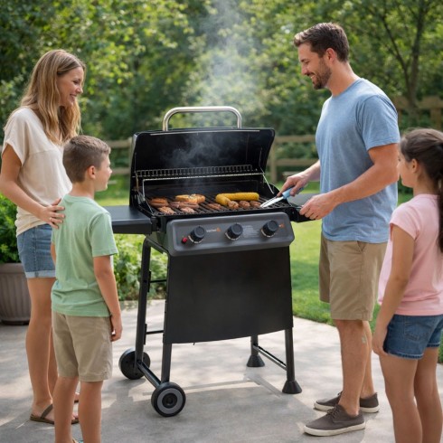 Barbecue a Gas 3 Bruciatori in Acciaio Fornello Laterale 2 Griglie Coperchio BBQ | BricoShop24