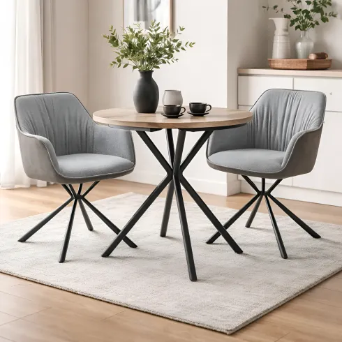 Set 2 Sedie Imbottite in Tessuto Grigio Retro in Ecopelle Gambe Nere