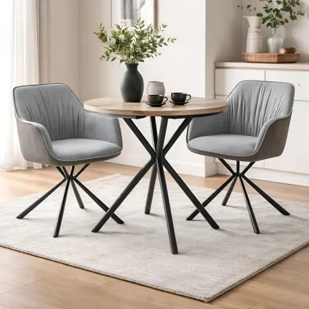 Set 2 Sedie Imbottite in Tessuto Grigio Retro in Ecopelle Gambe Nere