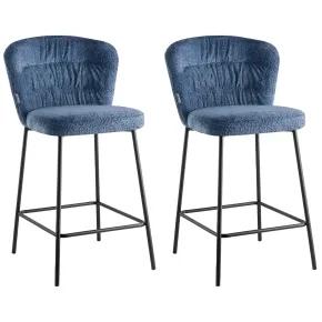Set 2 Sgabelli Imbottiti in Tessuto Teddy Azzurro Polvere Gambe Nere