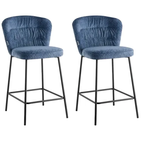 Set 2 Sgabelli Imbottiti in Tessuto Teddy Azzurro Polvere Gambe Nere