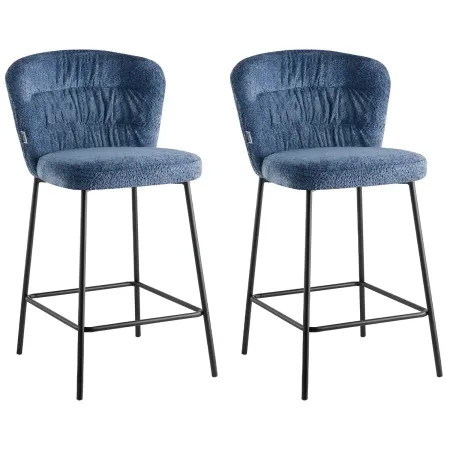 Set 2 Sgabelli Imbottiti in Tessuto Teddy Azzurro Polvere Gambe Nere