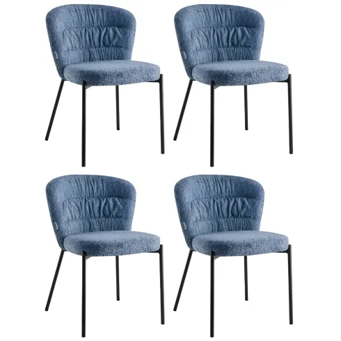 Set 4 Sedie Imbottite in Tessuto Teddy Azzurro Polvere con Gambe Nere