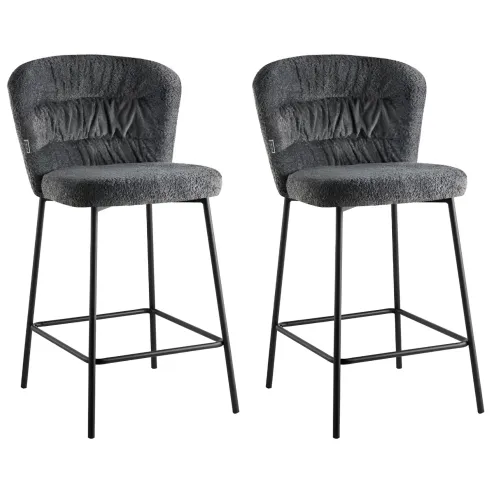 Set 2 Sgabelli da Interno Imbottiti in Tessuto Teddy Grigio Gambe Nere