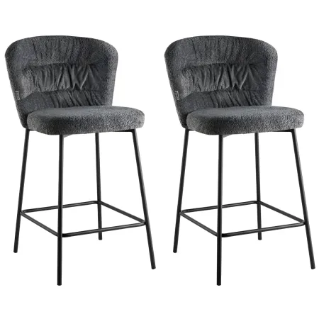 Set 2 Sgabelli da Interno Imbottiti in Tessuto Teddy Grigio Gambe Nere