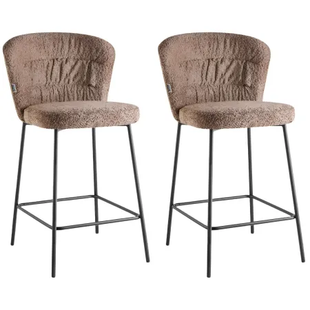 Set 2 Sgabelli da Interno Imbottiti in Tessuto Teddy Tortora Gambe Nere