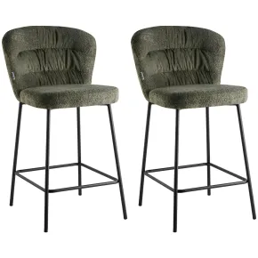 Set 2 Sgabelli da Interno Imbottiti in Tessuto Teddy Verde Gambe Nere