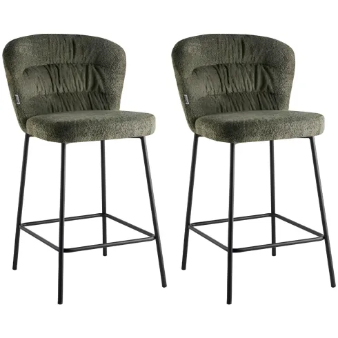 Set 2 Sgabelli da Interno Imbottiti in Tessuto Teddy Verde Gambe Nere