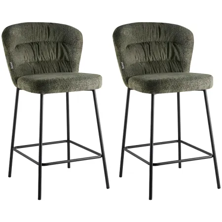 Set 2 Sgabelli da Interno Imbottiti in Tessuto Teddy Verde Gambe Nere
