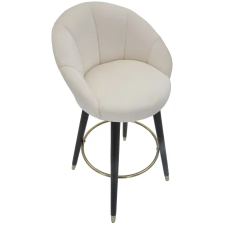 Sgabello da Bar Seduta in Velluto Crema con Gambe in Legno Nero Oro