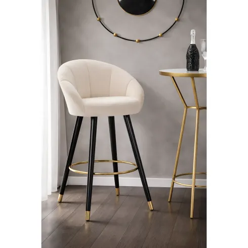 Sgabello da Bar Seduta in Velluto Crema con Gambe in Legno Nero Oro