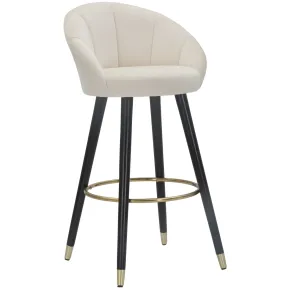 Sgabello da Bar Seduta in Velluto Crema con Gambe in Legno Nero Oro