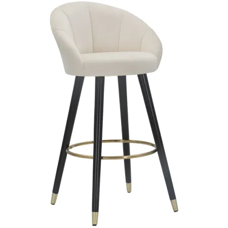 Sgabello da Bar Seduta in Velluto Crema con Gambe in Legno Nero Oro