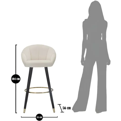 Sgabello da Bar Seduta in Velluto Crema con Gambe in Legno Nero Oro