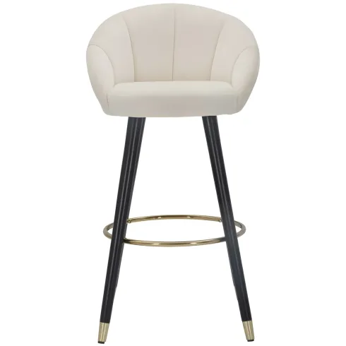 Sgabello da Bar Seduta in Velluto Crema con Gambe in Legno Nero Oro