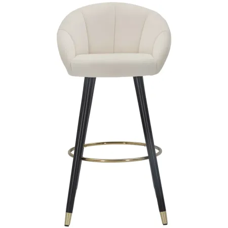 Sgabello da Bar Seduta in Velluto Crema con Gambe in Legno Nero Oro