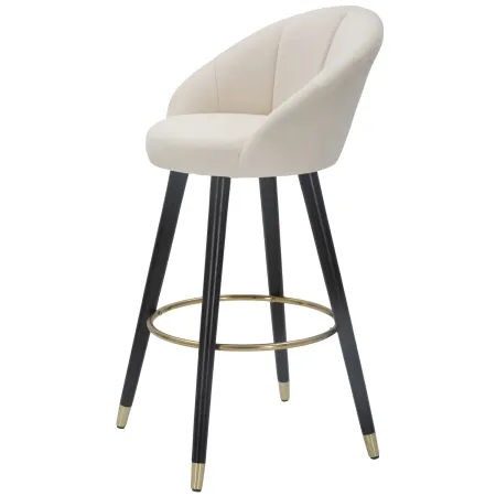 Sgabello da Bar Seduta in Velluto Crema con Gambe in Legno Nero Oro