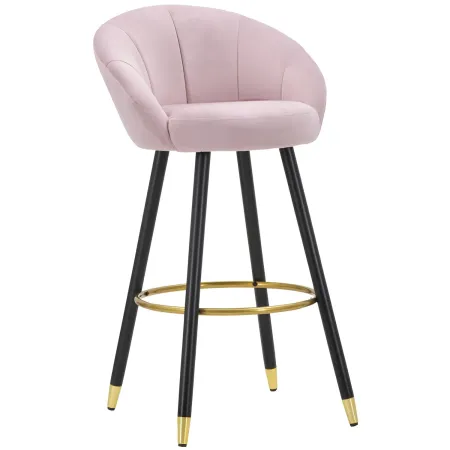 Sgabello da Bar Seduta in Velluto Rosa con Gambe in Legno Nero Oro
