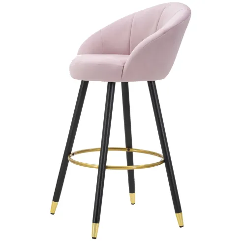 Sgabello da Bar Seduta in Velluto Rosa con Gambe in Legno Nero Oro
