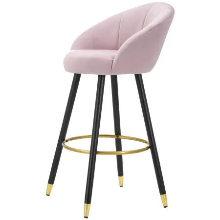 Sgabello da Bar Seduta in Velluto Rosa con Gambe in Legno Nero Oro