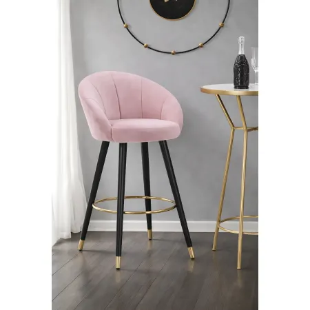 Sgabello da Bar Seduta in Velluto Rosa con Gambe in Legno Nero Oro