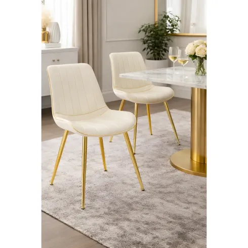 Set 2 Sedie da Pranzo Imbottite Tessuto Crema Finiture Oro Metallo